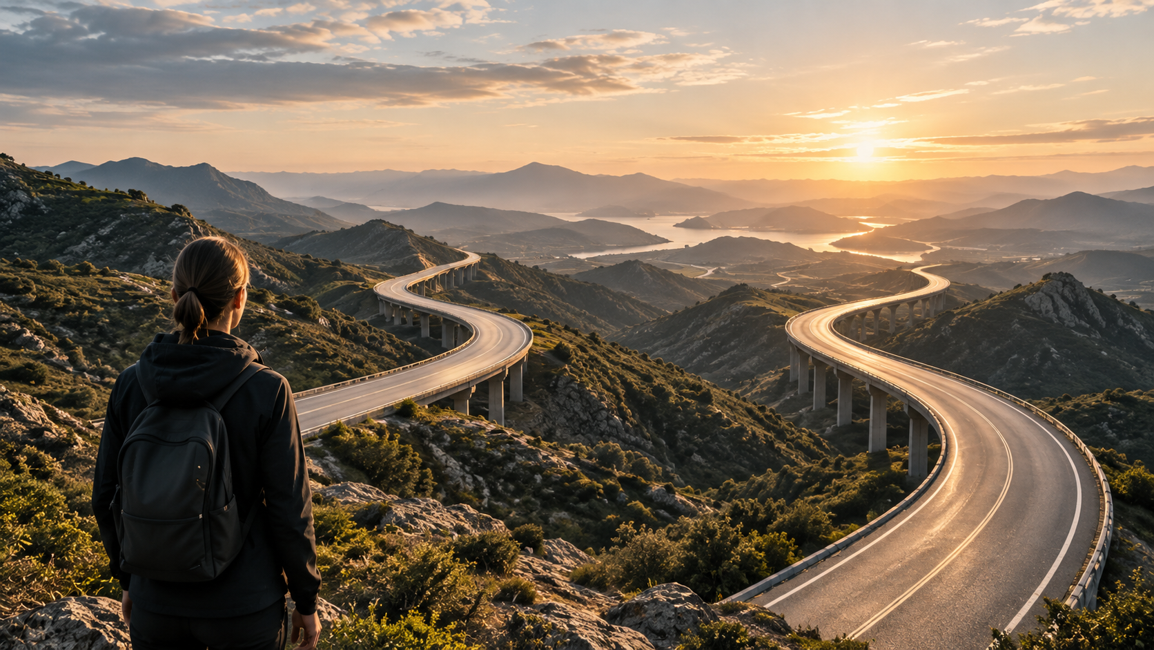 A person looking out over a winding road toward the horizon, representing an ongoing transformation journey